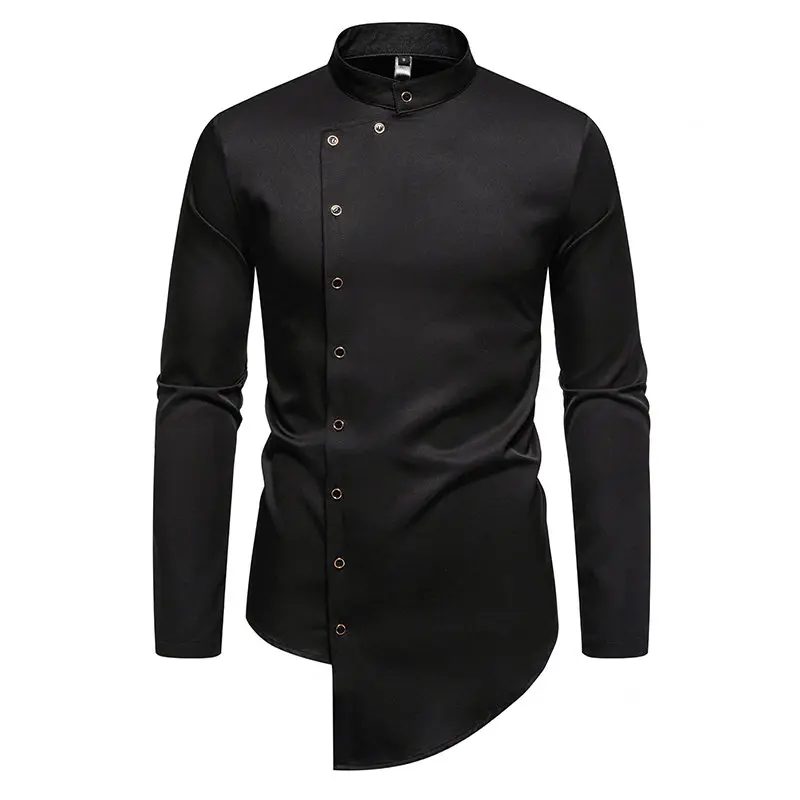 Mens Dress Shirts Vintage Personality Irregular Crop Long Sleeve Business Stand Collar Shirt Men Camisas Streetwear Blusas Tops