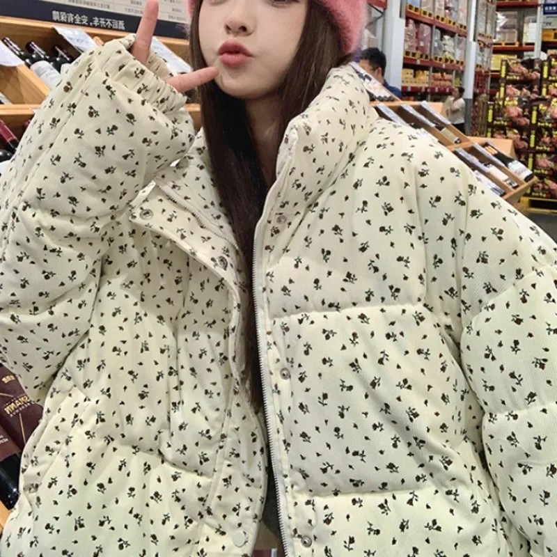 Short Style Parkas Women Floral Printing Sweet Vintage Loose Casual Coats Winter Keep Warm Zipper Fashion Popular Pockets Design