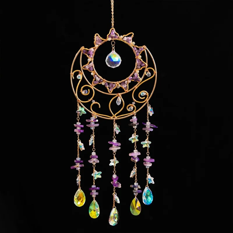 New Natural Crystal Broken Stone Wall Decoration Pendant Handmade Solar Wind Chime Crafts Dream Catcher Net Ornament Home Gifts