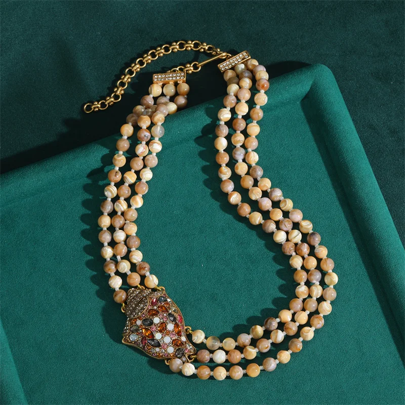 Big Conch Shape Rhinestones Crystal Pebble Beaded Necklace Multi Layer Women Vintage Jewelry Antique Gold Color Accessories