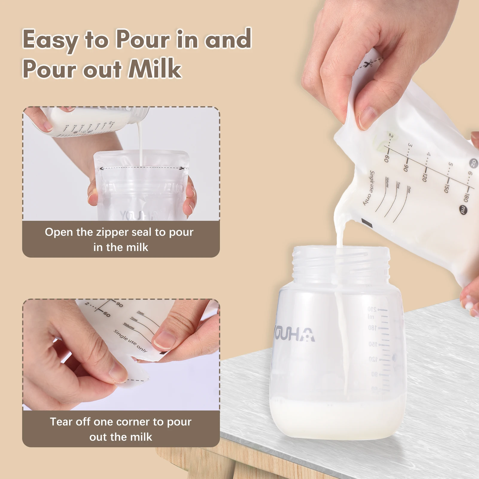 YOUHA Breastmilk Storage Bags Milk Storing Bags for Breastfeeding 180ml/6oz Capacity Pre-Sterilized BPA Free Double Zipper Seal