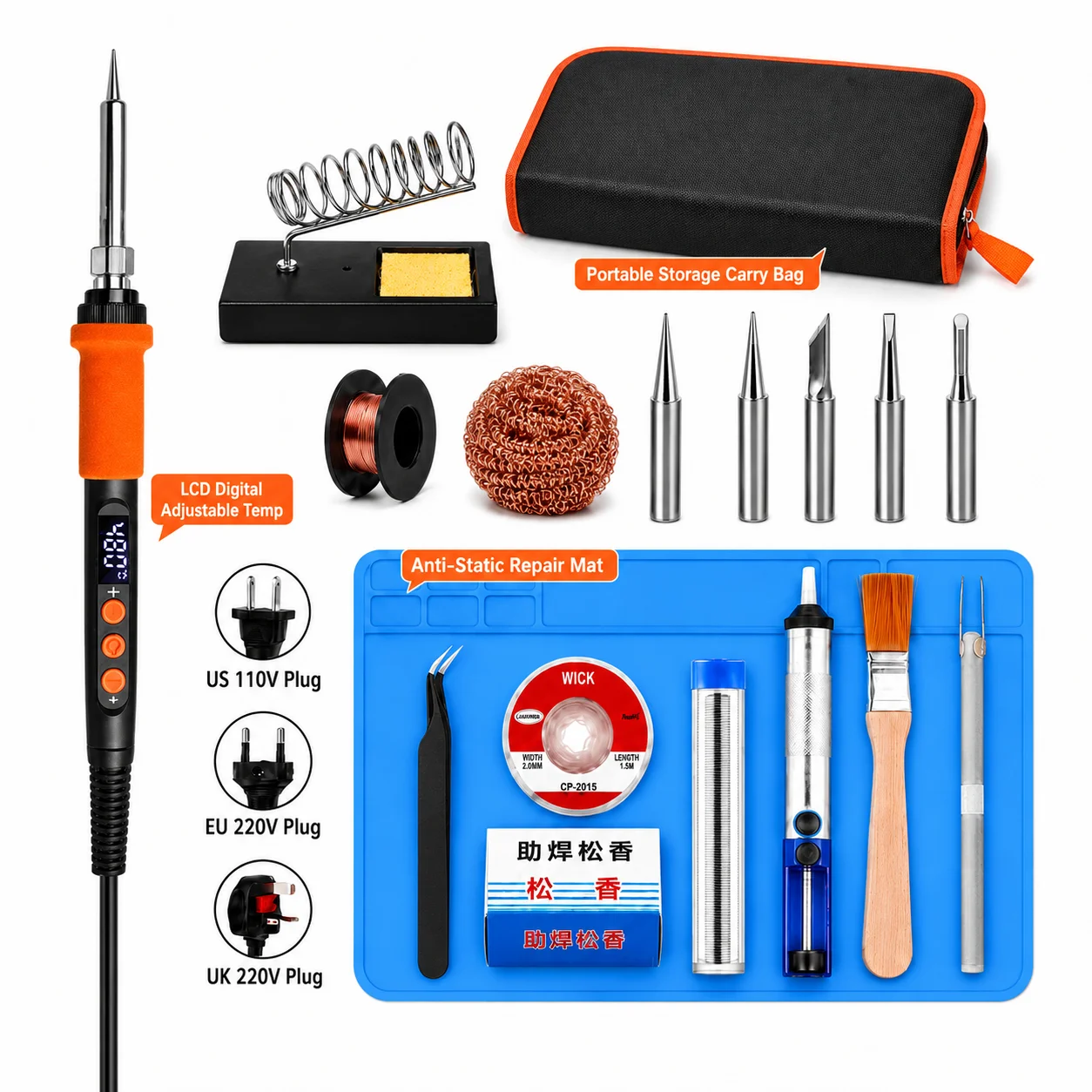 90W/60W LCD Soldering Iron Kit Adjustable Temp Welding 5/12/18PCS Solder Tips Pump Anti-static Mat Wick Rosin US/EU/UK Plug