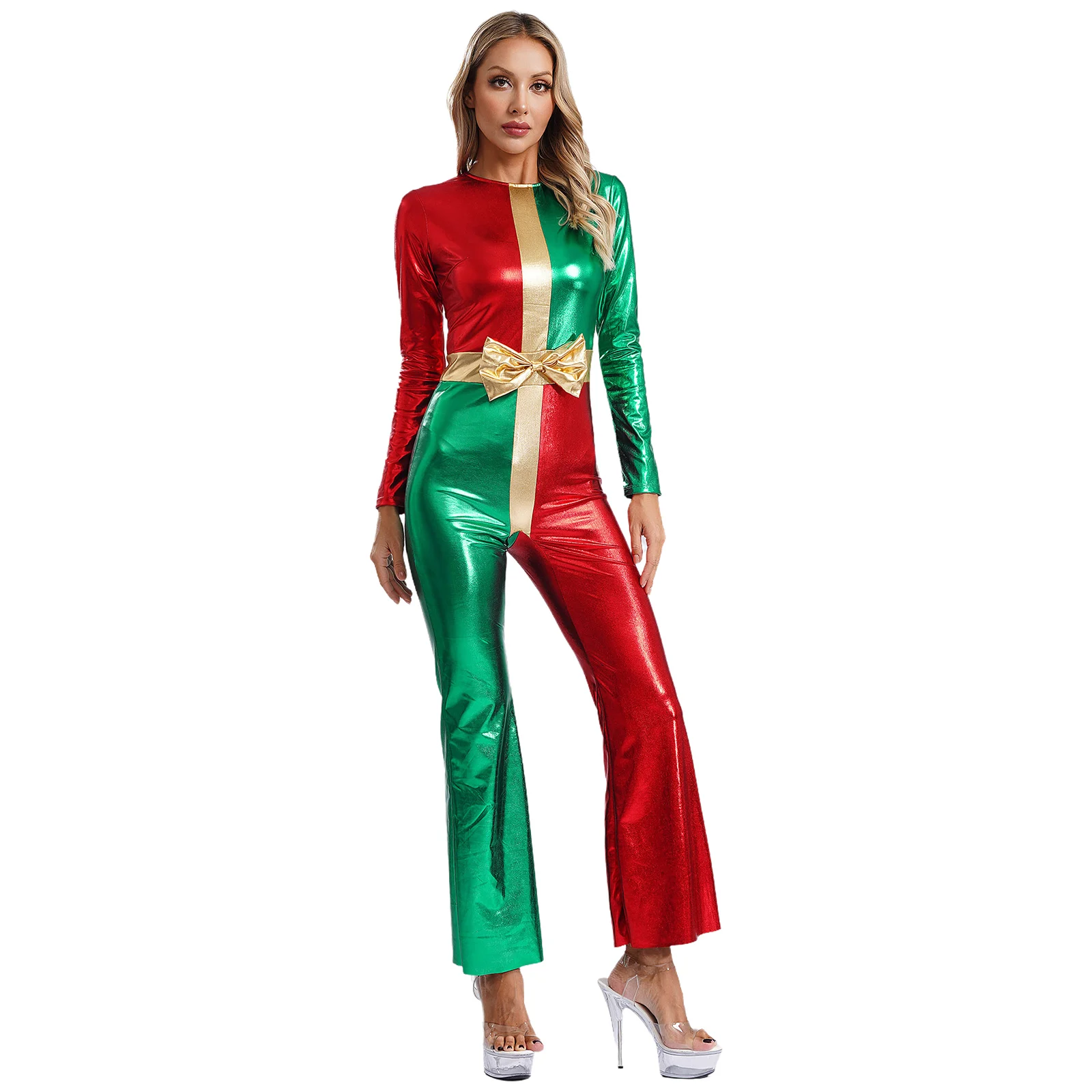 Women Christmas Costume Santa Claus Cosplay Jumpsuit Shiny Metallic Bodysuit Long Sleeve Bell Bottom for Jazz Party Dance Wear