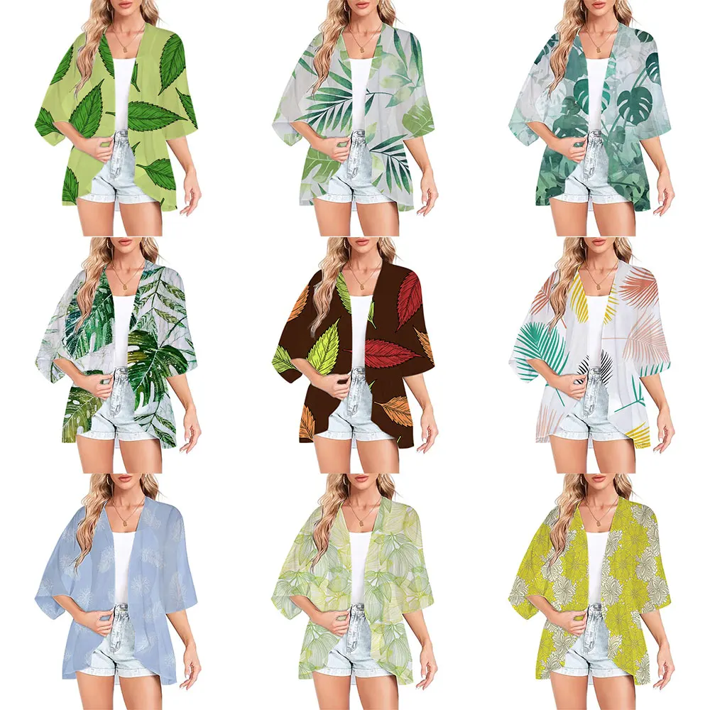 Verano Kimono traje de baño abrigo 3d hoja impresa playa cubrir Casual Kimono Cardigan Tops de gran tamaño vacaciones Sexy cubre capa