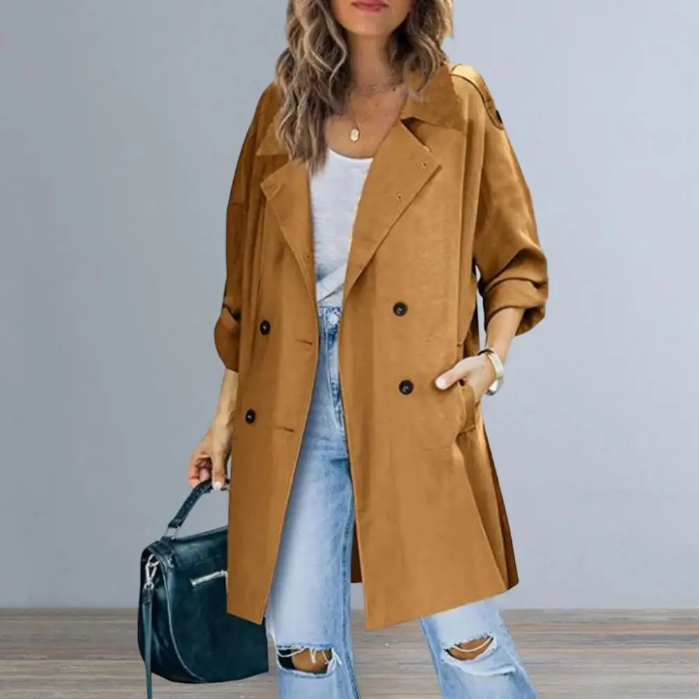 

Solid Color Coat Solid Color Trench Coat Stylish Women's Double-breasted Windbreaker Coat for Fall Spring Mid Length for Office