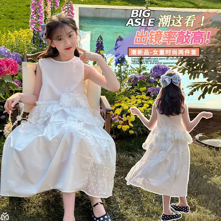 

summer white cottone teen kid girl long splice Cake dress 4 6 8 10 12 14 Korean Irregular 3D lace flower junior Princess dresses