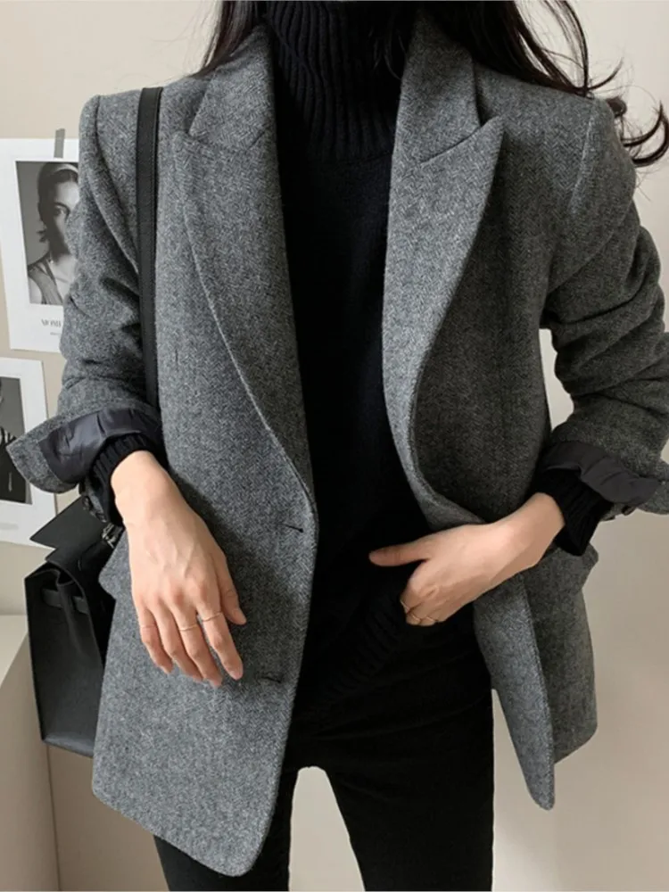 Women Elegant Autumn Blazer Jackets Turn Down Collar Buttoned Style Chic Business Workwear Loose Suit Coat New Arrival