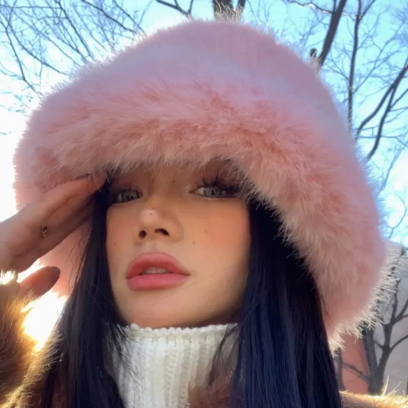 2024 y2k Fluffy Faux Fur Bucket Hats Women Rabbit Fur Warm Thick Plush Winter Hat Lady Fashion Luxury Panama Furry Fisherman Cap