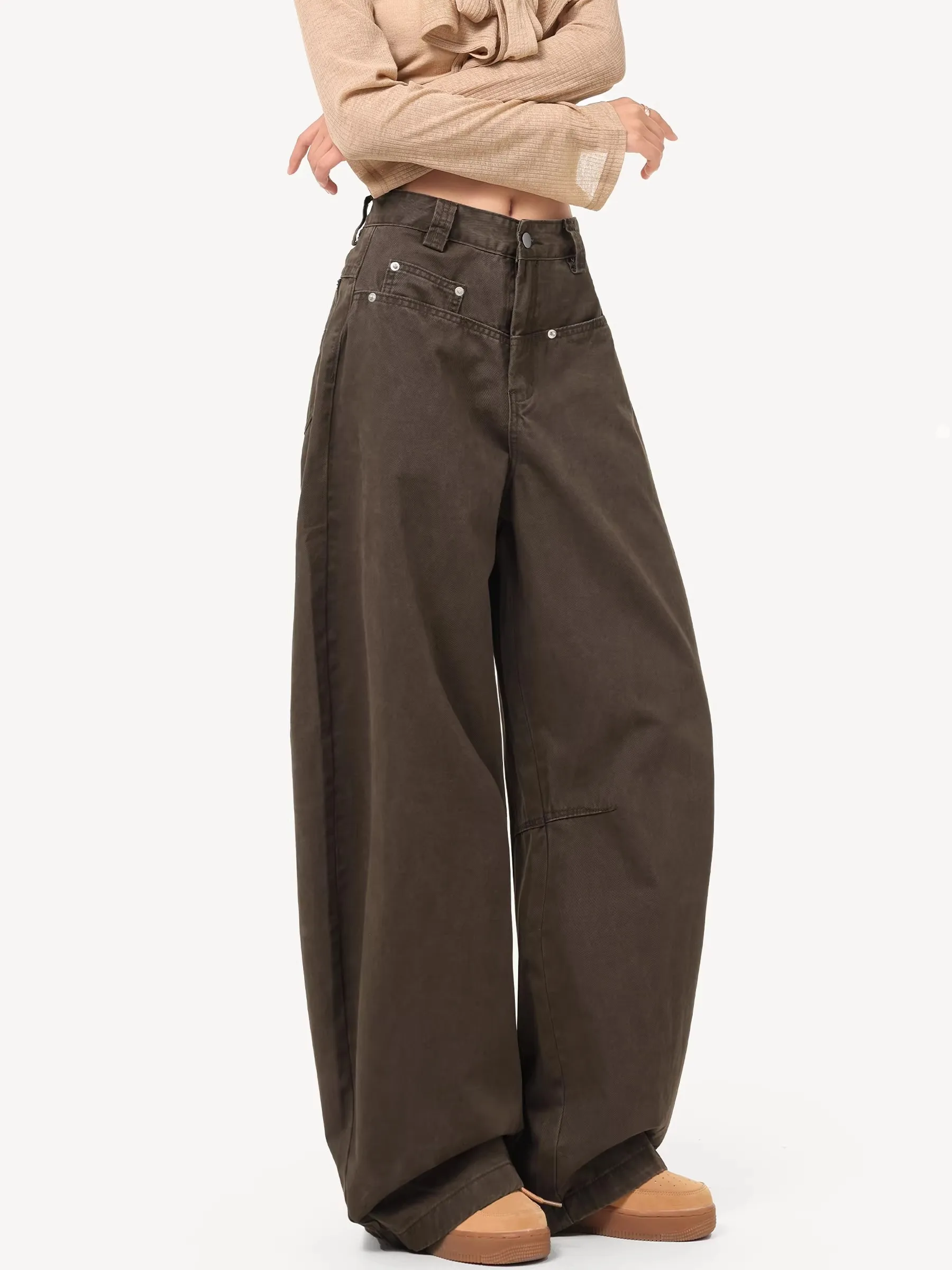 High Waist Wide Leg Coffee Color Denim Pants Women's Loose Fit Slimming Knife Pants Commute Style Splicing Process Casual Wear