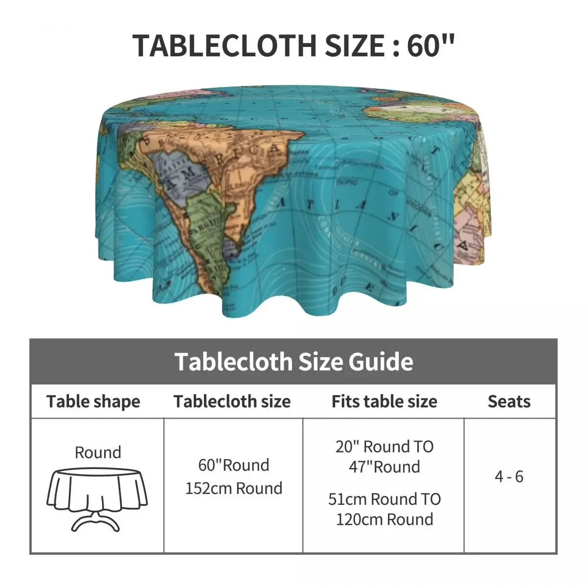 Tablecloth Retro World Map Round Table Cloth Blue Elegant Table Cover Tablecloths Custom Events Christmas Party Table Decoration