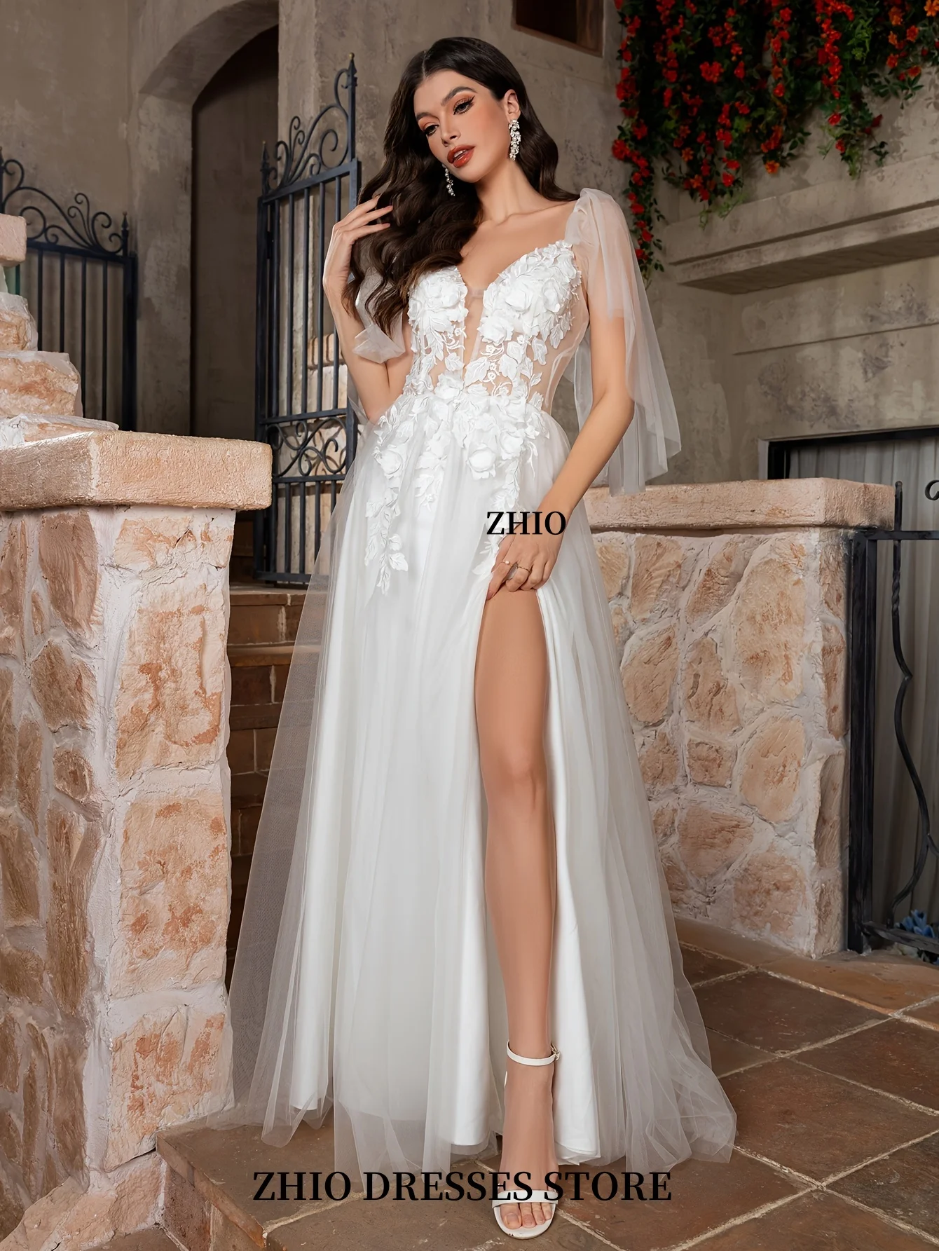 ZHIO Kant Koreaanse trouwjurk met lange mouwen Off-shoulder A-lijn bruidsjurk Backless prinses sticker bruidsjurk op maat