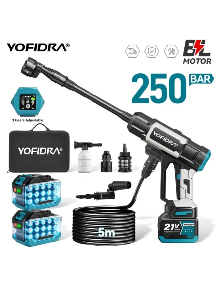YOFIDRA 250Bar 3-Gang Bürstenloser Elektrischer Hochdruckreiniger 6-in-1 Autowaschpistole Wassersprühpistole Reinigungswerkzeug für Makita 21V Akku