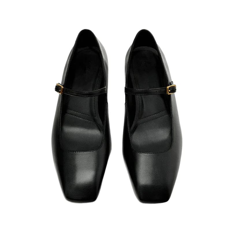

Withered Fashion Ladies Mary Jane Shoes Minimalist Women's Loafers Shoes French Retro Square Toe Black Genuine Leather Flat shoe