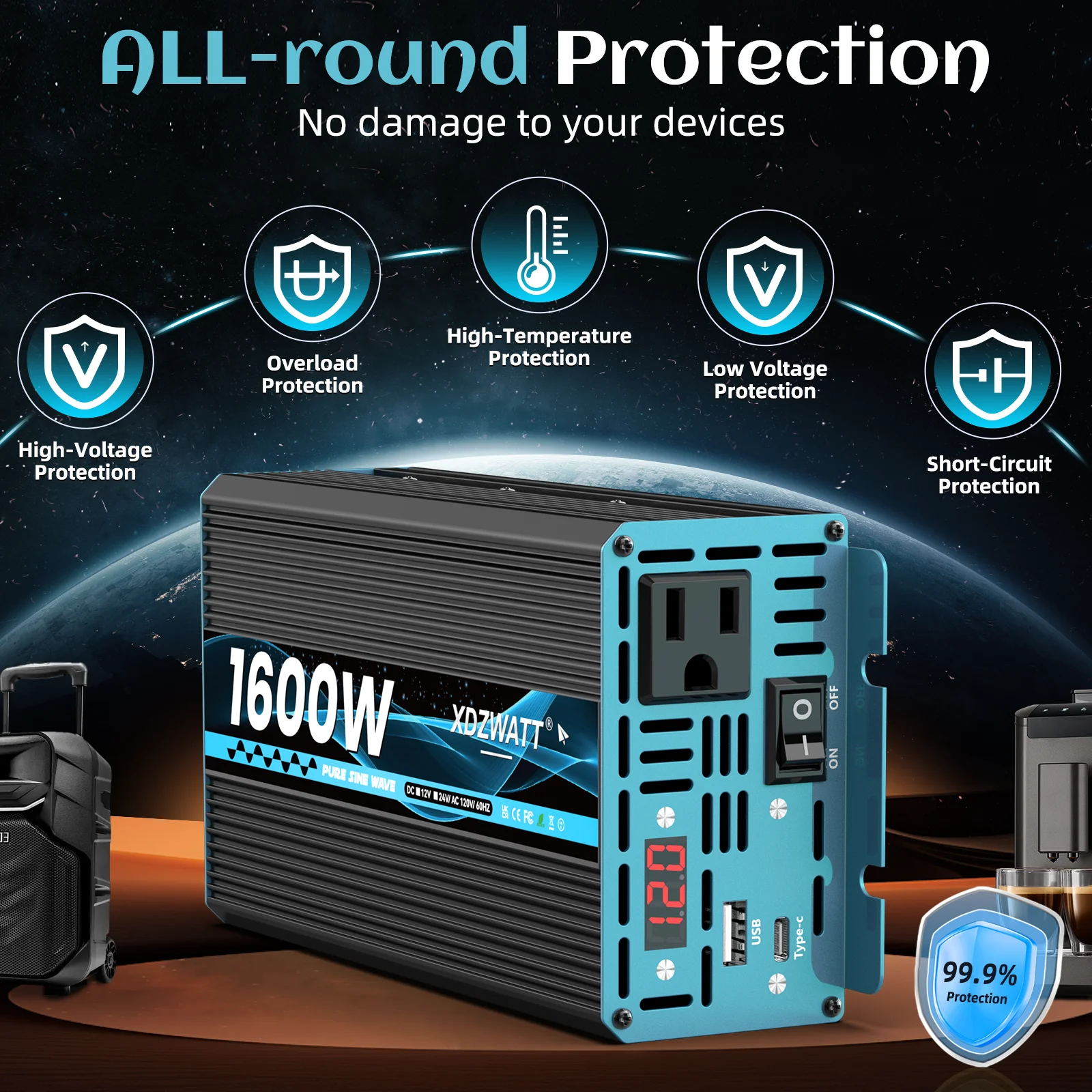 1600 واط الذروة عاكس الطاقة موجة جيبية نقية 600 واط المستمر تيار مستمر 12 فولت إلى التيار المتناوب 120 فولت مع USB نوع-C شاشة LED للمركبات RV الشمسية