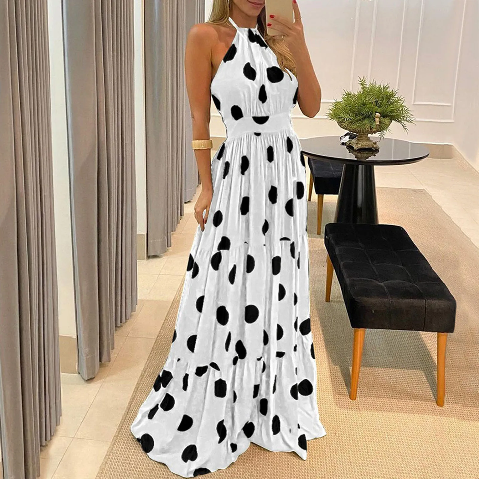 Summer Long Dress Polka Dot Casual Dresses Sexy Halter Strapless New 2024 Yellow Sundress Vacation Clothes For Women