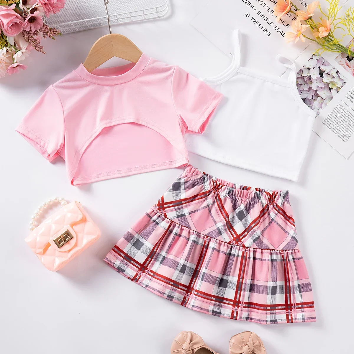 3pcs Summer Girls Fashion Solid Color Hooded Short Sleeve+White Vest+Plaid Short Skirt Set Casual Suitable for Outdoor Wearing