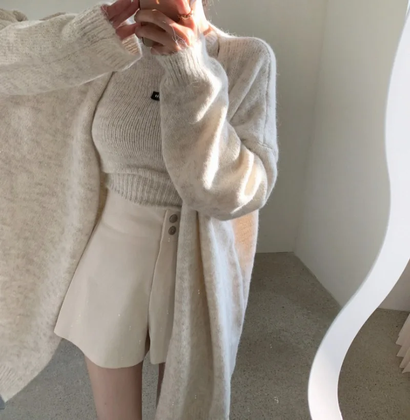 Korobov Ins Lazy Halter Waistcoat Sweater Women Knit Vest Soft Long Cardigan Korean Fashion Coat Lantern Sleeve Two-piece Set