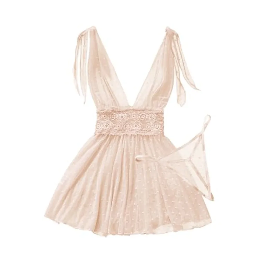 

Foxiny Sexy V Neck Slip Mesh Polka Dots Floral Lace Sheer Exotic Babydoll Lingerie Dress 2 Pcs