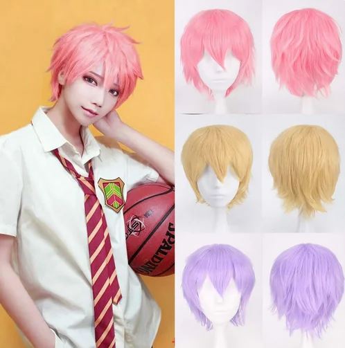 Wolf Cut With Bangs Choppy Cosplay Party Wig For Men Women Pink Red Blue Purple Korean Style Man Wig Synthetic Short Wigs