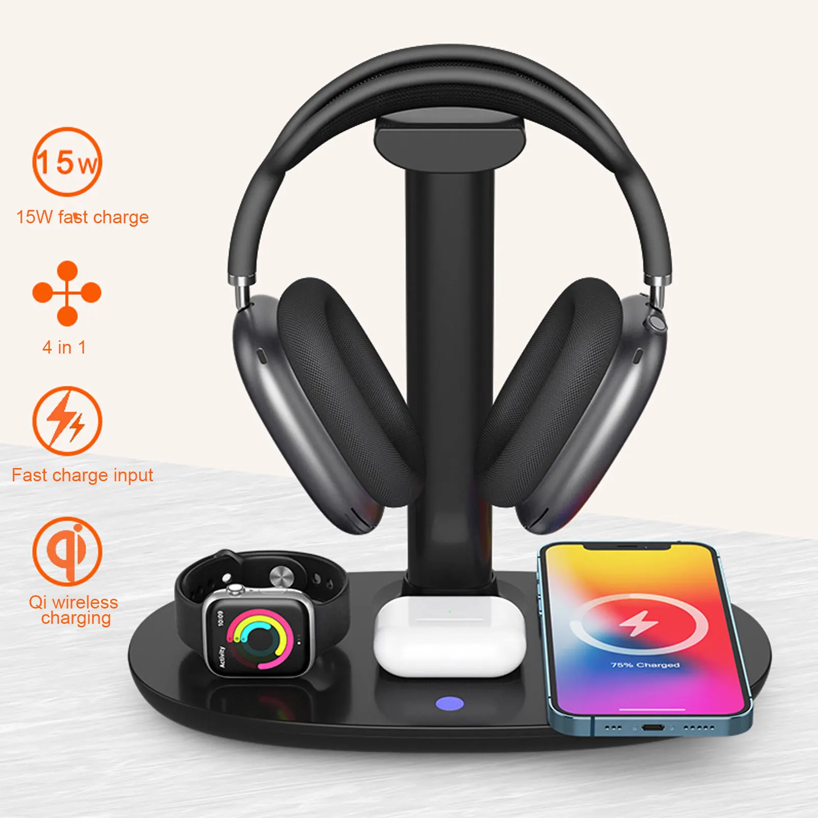 

4 In 1 Wireless Charger Headphone Stand QI 15W Fast Charge Detachable Stylish Appearance Headphone Charging Hanger