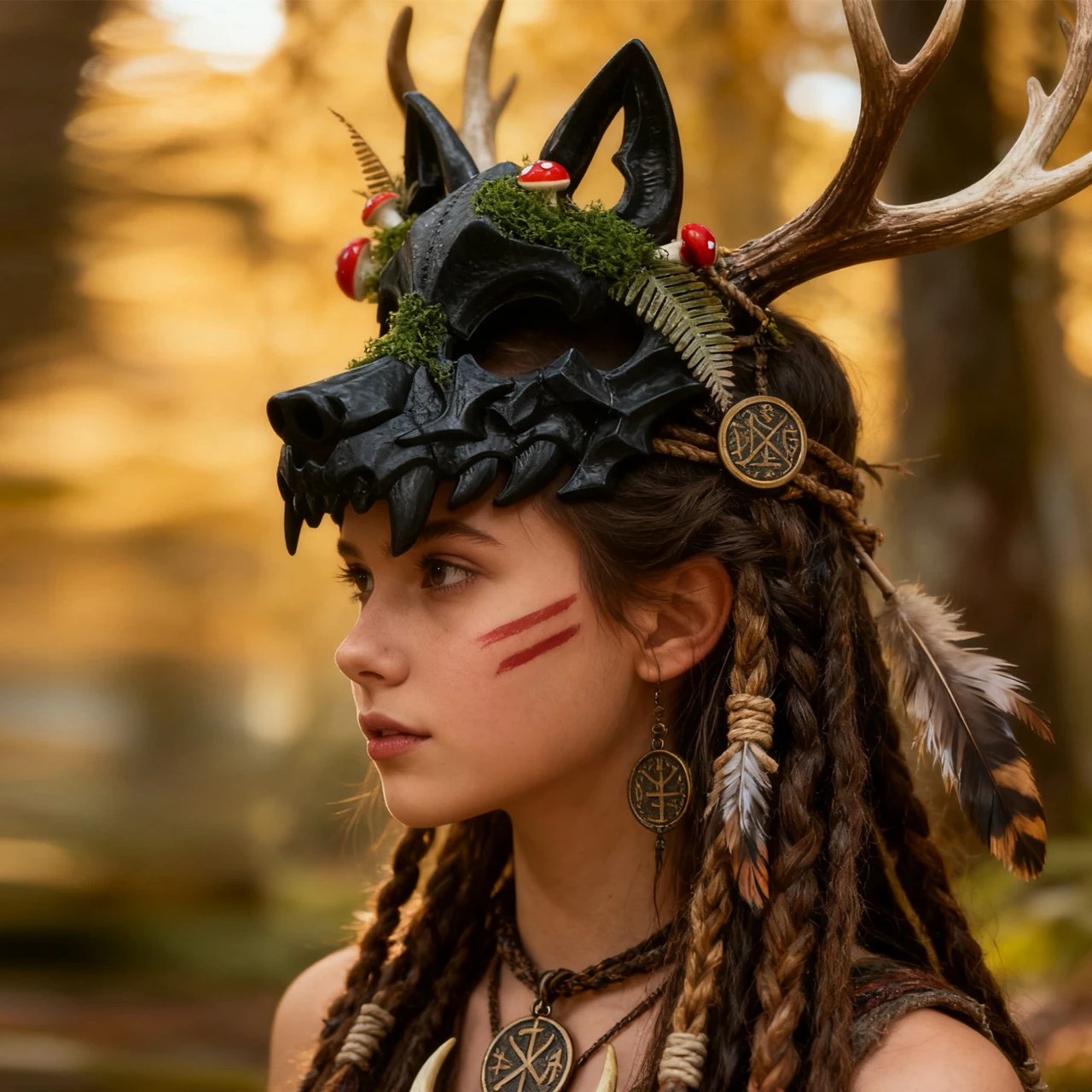 قناع جمجمة الذئب مع الطحلب والفطر الأحمر والفرن + مجموعة مشابك شعر الفطر، كوسبلاي أسود كامل الوجه، قناع الهالوين