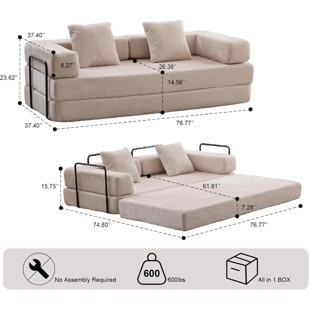 Sofá cama convertible, estructura fija, sofá de terraza de pana con almohadas, diseño Modular para mayor comodidad