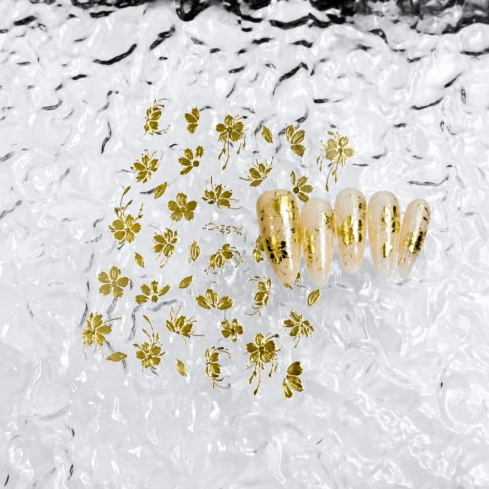 Gold Flower 3D Nail Sticker Lasting Press on Nail Floral Relief Nail Sticker Adhesive Flowers Nail Art Decal Nail Art Decoration
