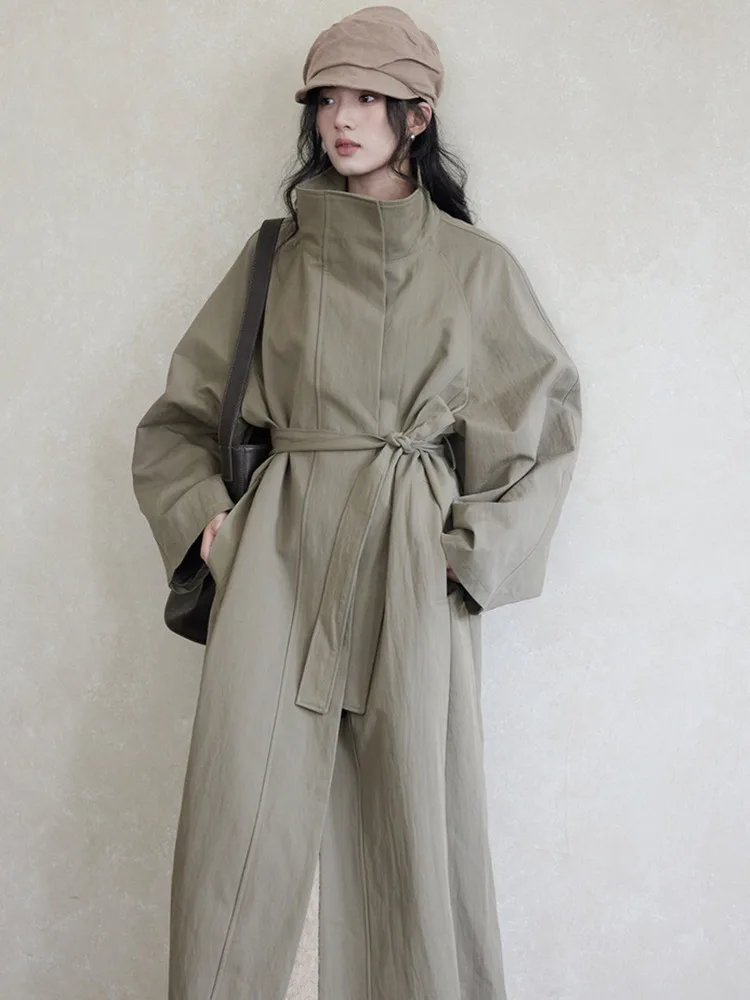 ZMEENNA Anmutiger Khaki-Trenchcoat mit hohem Kragen und Gürtel für Damen, schick, langärmelig, lockere Passform, Oberbekleidung, perfekt lässig, ZM3573