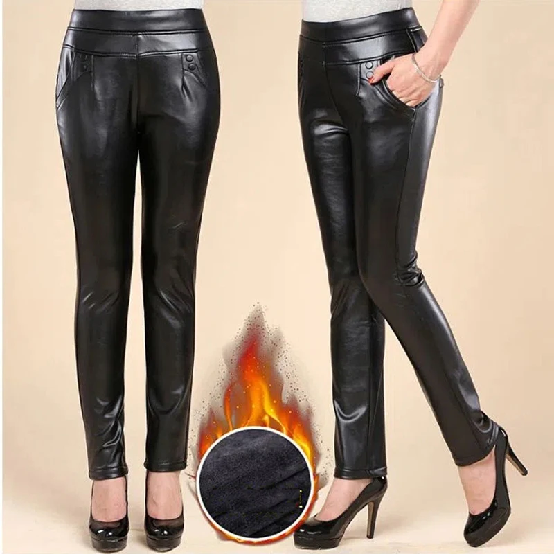 

2022 Spring Winter Thick Warm Women's Leggings Leather High Waist Pants Velvet Black Slimming PU Faux Leather Leggings For Women