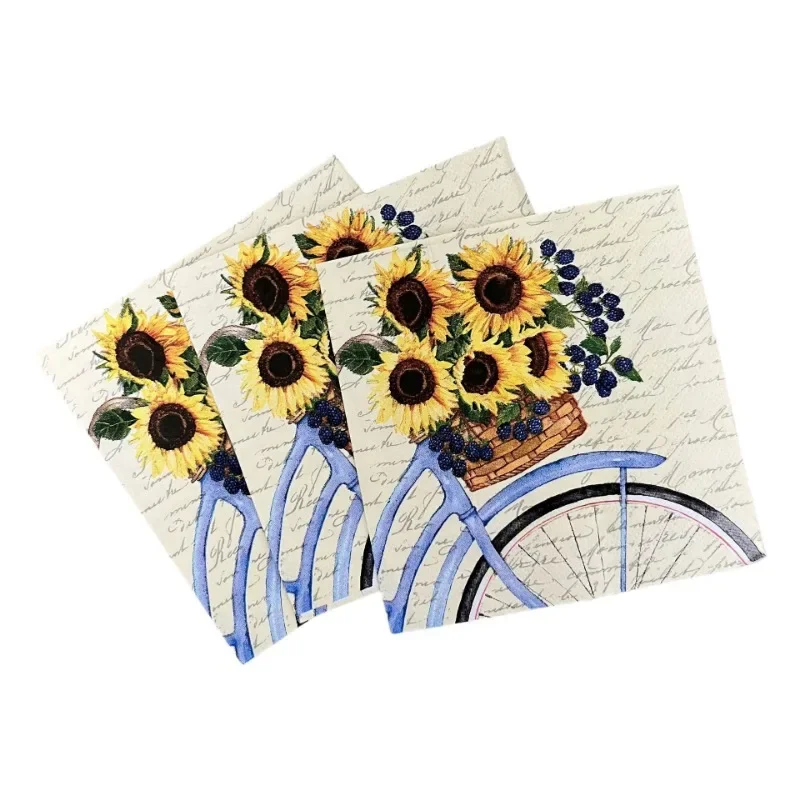 Serviettes en papier imprimées tournesol et vélo, serviettes colorées, sets de table en papier, fournitures de décoration de fête, 3 plis, 25x25cm, 20 pièces