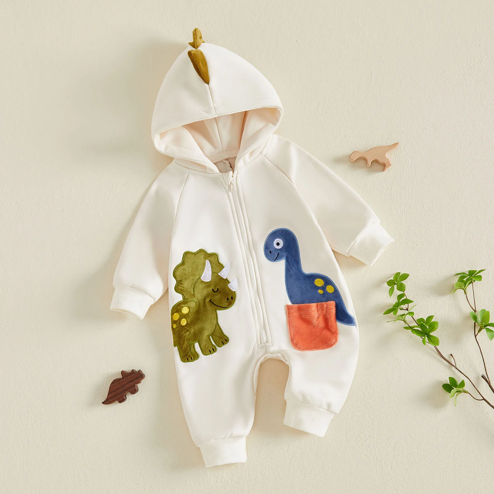 Baby Fall Winter Sweatshirt Romper Dinosaur Applique Long Sleeve Hooded Zipper Jumpsuit Costume