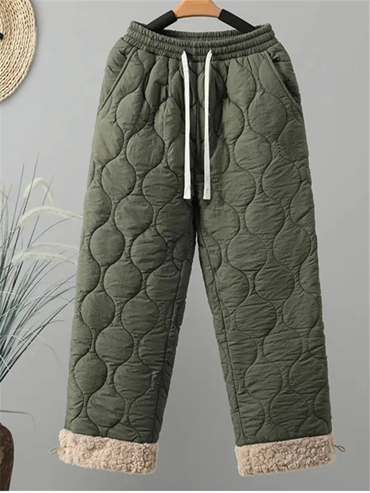 

Новые женские осенне-зимние лоскутные теплые хлопковые брюки из овечьей шерсти с эластичной резинкой на талии 2024, прямые уличные свободные брюки с завязками