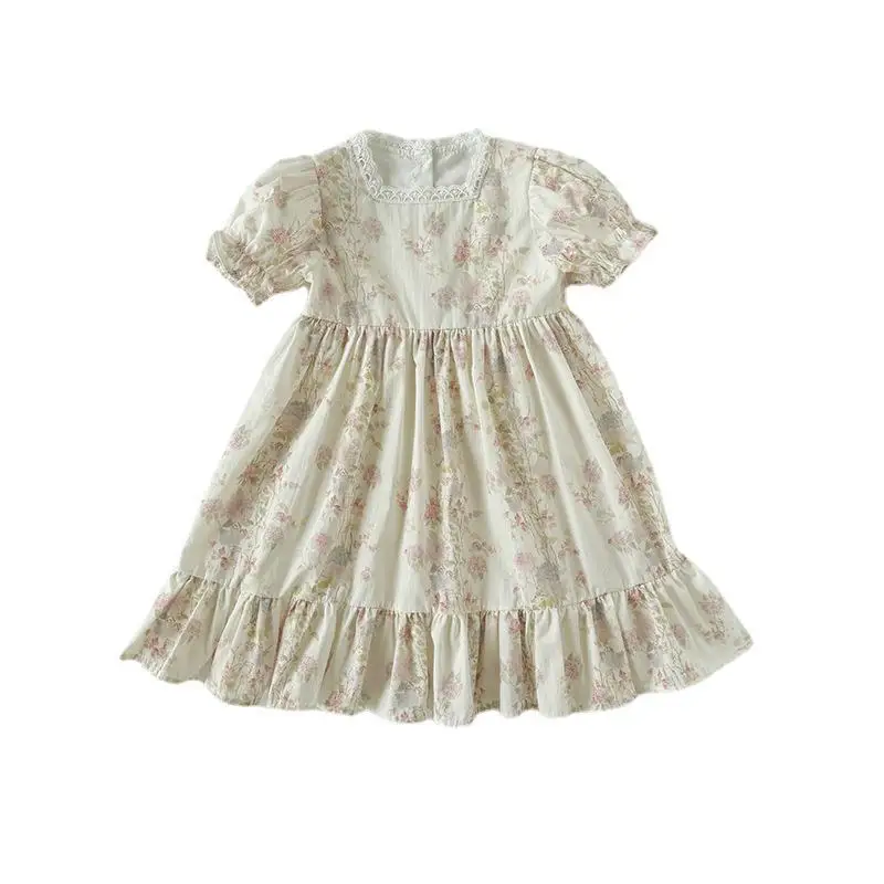 Floral Square Neck Girl's Dress French Gentle Style Summer Lace Short Sleeved Children's Cake Princess Dress Children's Clothing 6