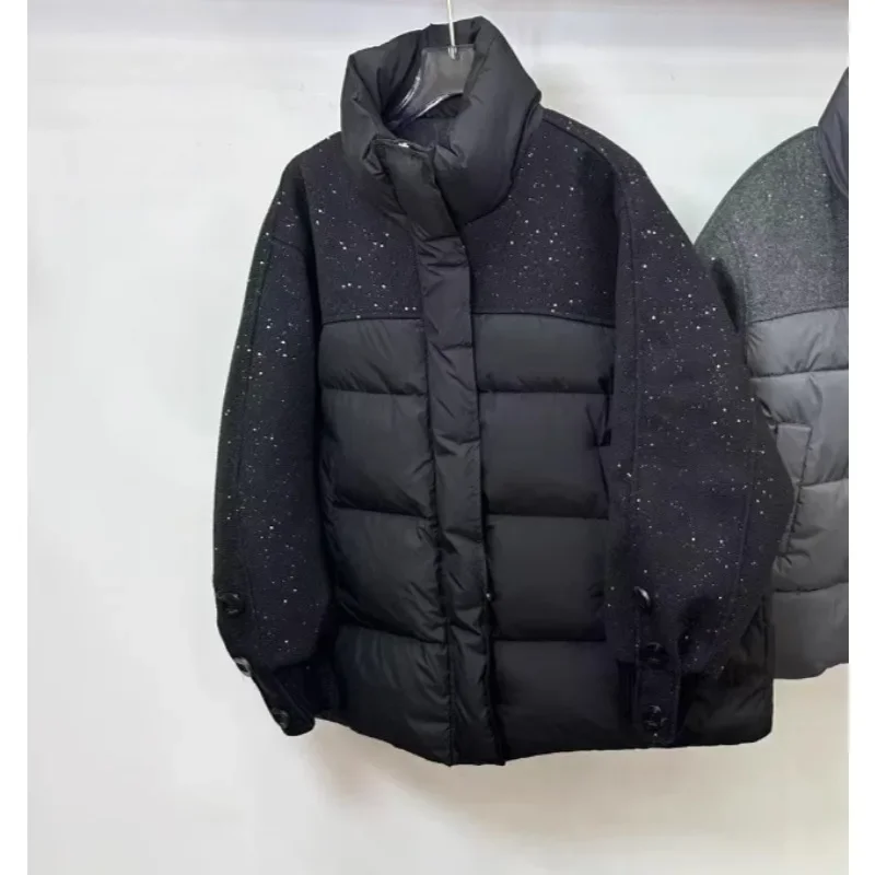 Women's Autumn Winter Cotton Jacket Tops Splicing Sequins Warm Short High Waist Niche Comfortable Leisure Soft Brand Fashion