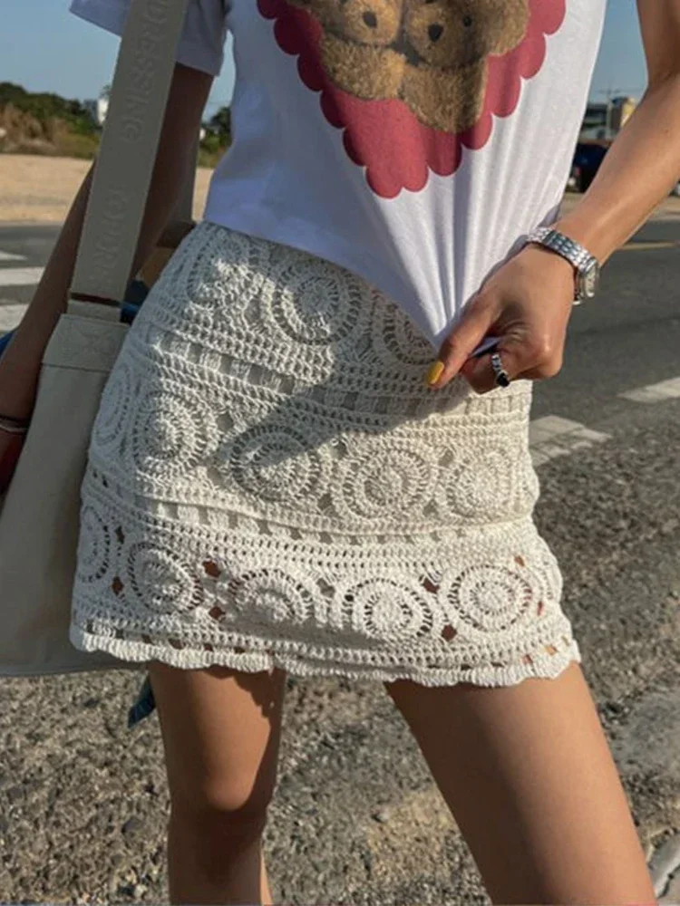 2024 Sexy Hollow Out Crochet Mini Skirt Women Chic High Waisted Hip Wrapped Short Dresses Summer Casual Lady Street Beach Wear