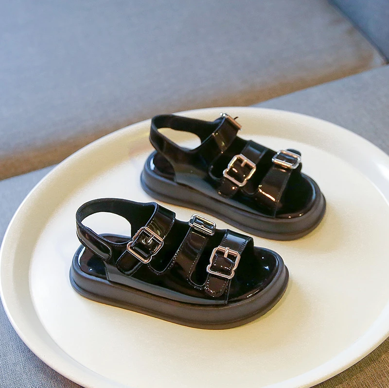 Children Patent Leather Black Sandals Toddler Boys Gilr Buckle Beach Shoes Kids Infant Open Toe Casual Sport Sandalias 6-12Y