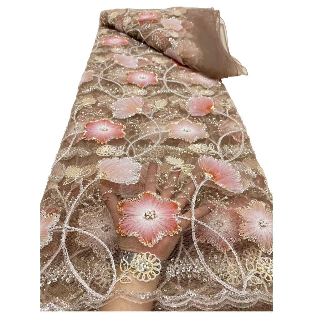 

Африканский нигерийский 2025 высококачественный тюль с вышивкой и блестками, кружевная ткань, платья, шитье, бисер, камень для выпускного вечера, 5 ярдов, DP0462