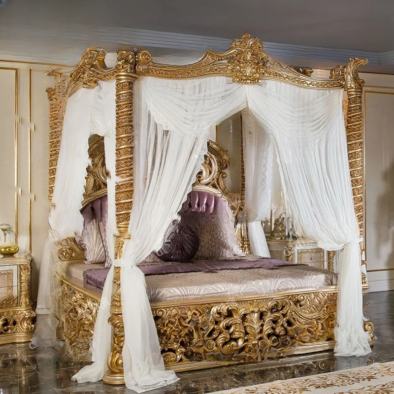 French palace shelf bed villa luxury European solid wood carved wedding bed, princess bed, bedroom 1.8 meters large household