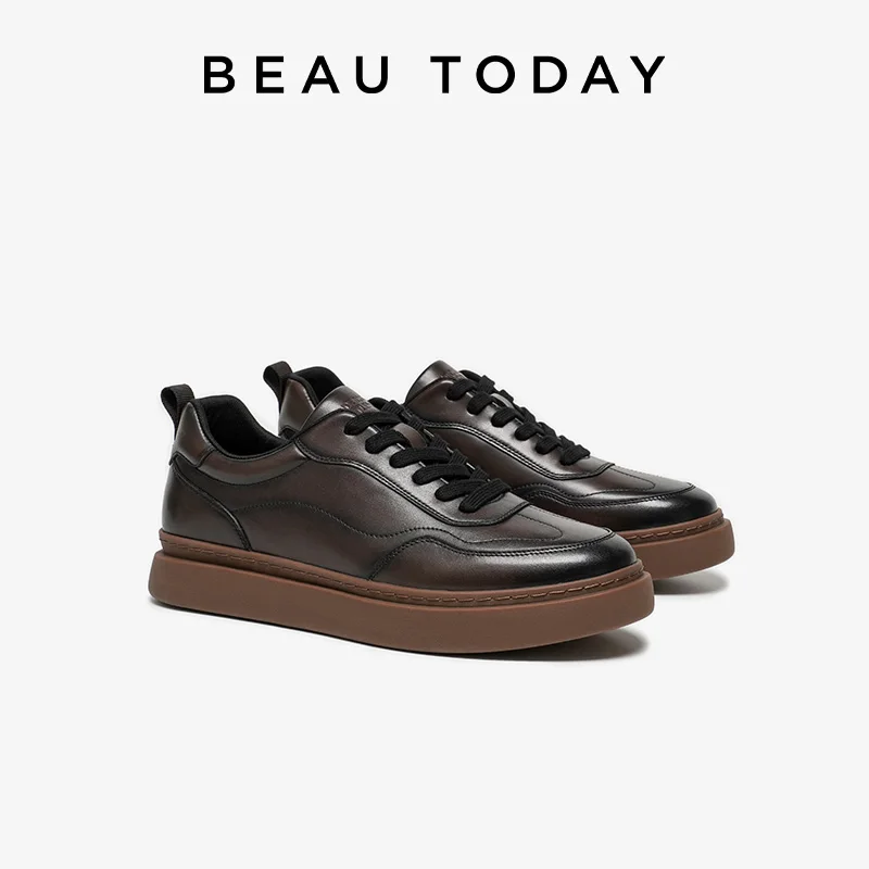 

BEAUTODAY Casual Sneakers Men Cow Leather Solid Color Round Toe Platform Lace-up Classical Male Shoes Handmade 58179