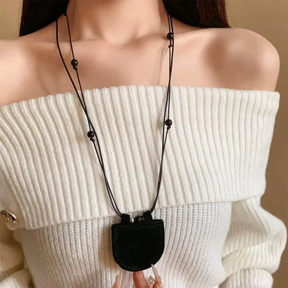 Suede Mini Bag Necklace Storage Bag with Long Strap Adjustable Chain Necklace Decoration Design Pendant Wearing Key Bag Necklace