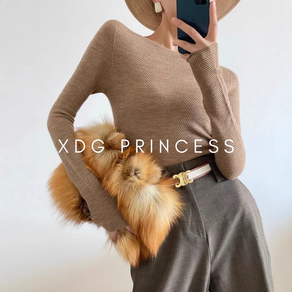 

Fish Bone Pattern Long Sleeve One-word Neck 100% Wool Knitted Sweater Bottoming Shirt Women's Spring and Autumn