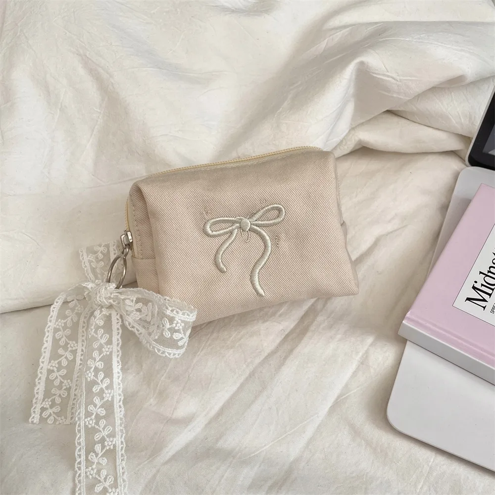 

Portable Bow Coin Purse with Lace Ribbon Bowknot Cute Zero Wallet Zipper Pouch Lightweight Sanitary Napkin Storage Bag Women