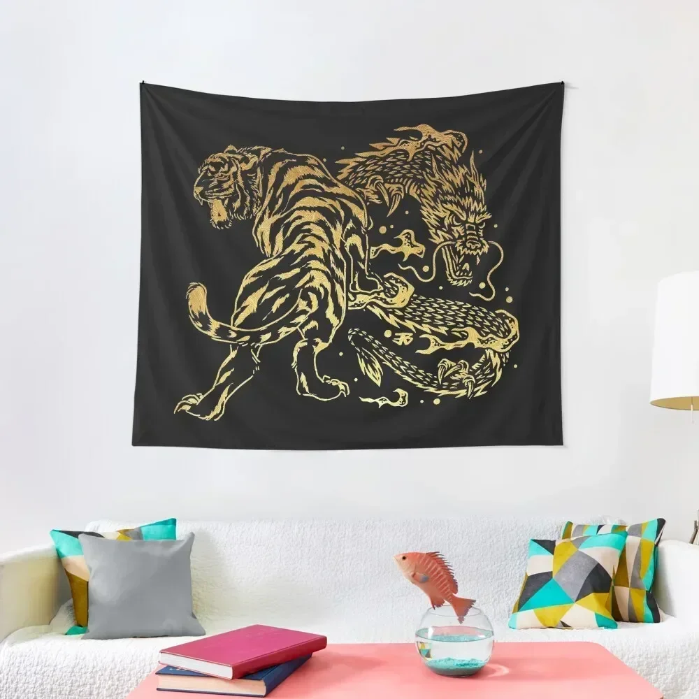 Tiger and Dragon Yin Yang Tattoo Style Gold Print Tapestry Room Design Wall Hanging Decor Tapestry