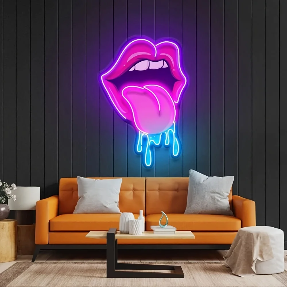 Lips Tongue Neon Light Signs Handmade USB Dimmable LED Pink Neon Signs for Bar Man Cave Bedroom Game Room Party Pub Wall Decor