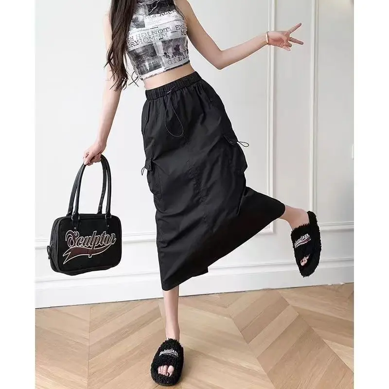 

Young Style Hotsweet Summer Skirts Women's Solid Elastic Waist Pockets Drawstring Fashion High Waist Slim Midi A-line Skirt