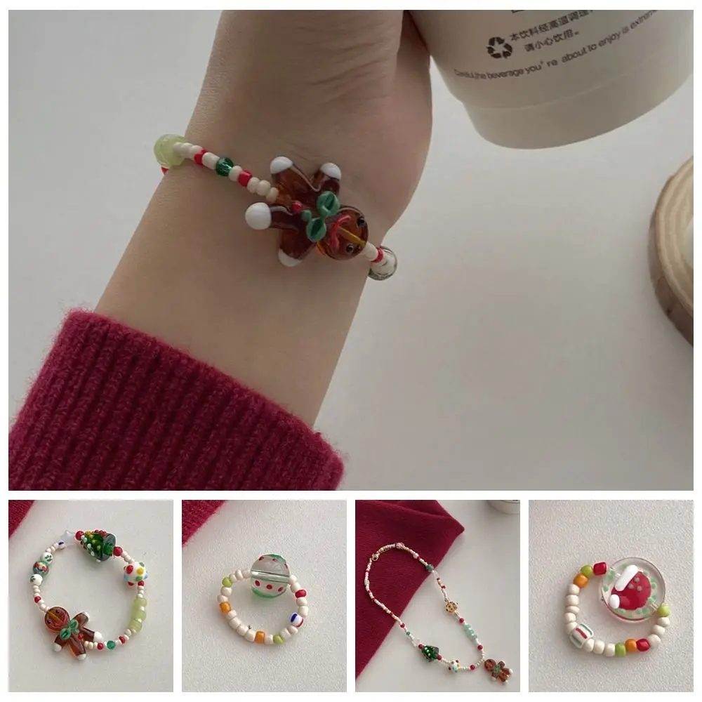 Personality Necklace Gingerbread Man Necklace Ring Bracelet Liuli Beaded Bracelet Alloy Christmas Tree Rice Bead Ring Festival