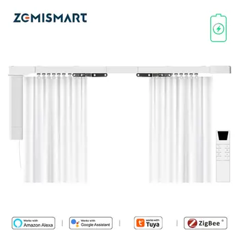 Zemismart Zigbee Rechargeable Electric Curtain Motor with Customized Slide Curtain Track Works with Tuya Alexa Google Home