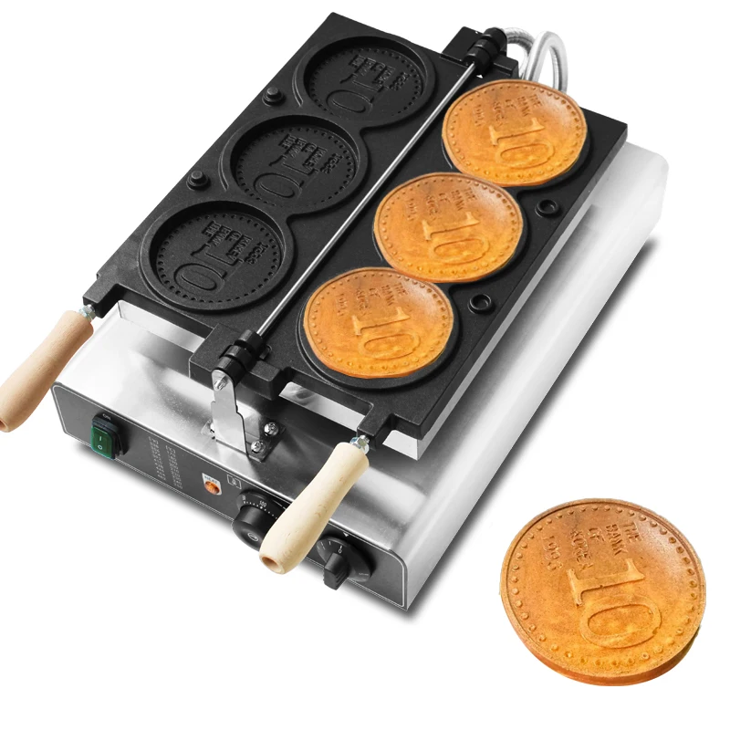 

Commerical New design Electric 3PCS Coin Waffle Maker Korean Gold Coin Bread Waffle Machine round shape waffle maker