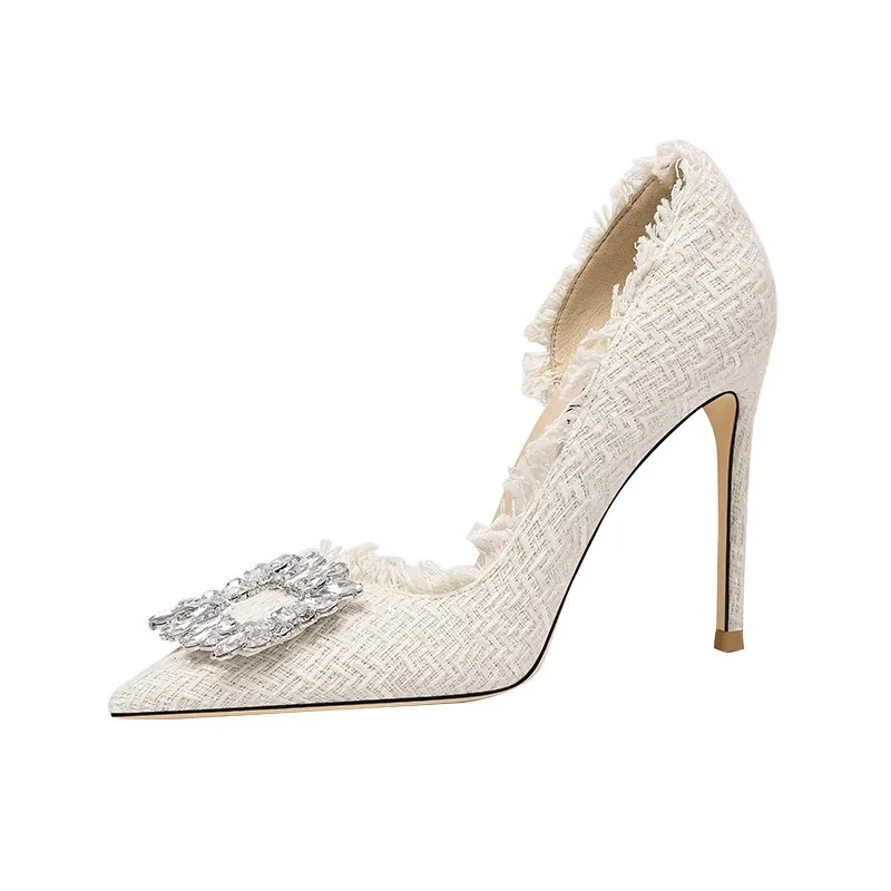 

Women's shoes with added weight, widened high heels, slim heels, rhinestones, side empty single shoes, plus size women's shoes