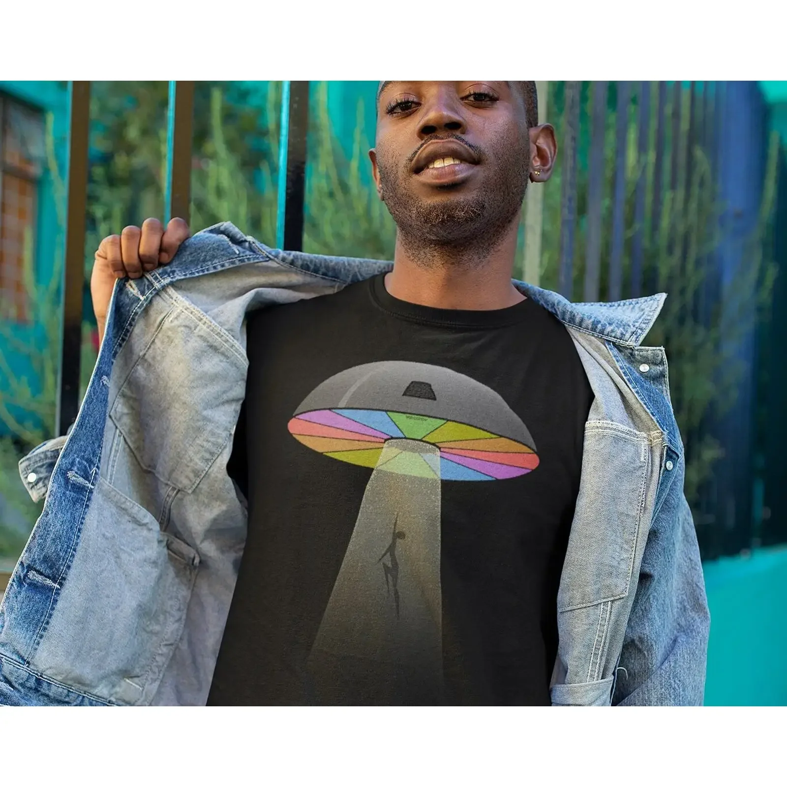 VIntage 70s Style Cosmic Art Rainbow Mushroom Spaceship Alien Abduction UFO Hippie Pop Cotton T Shirt vintage Washed streetwear